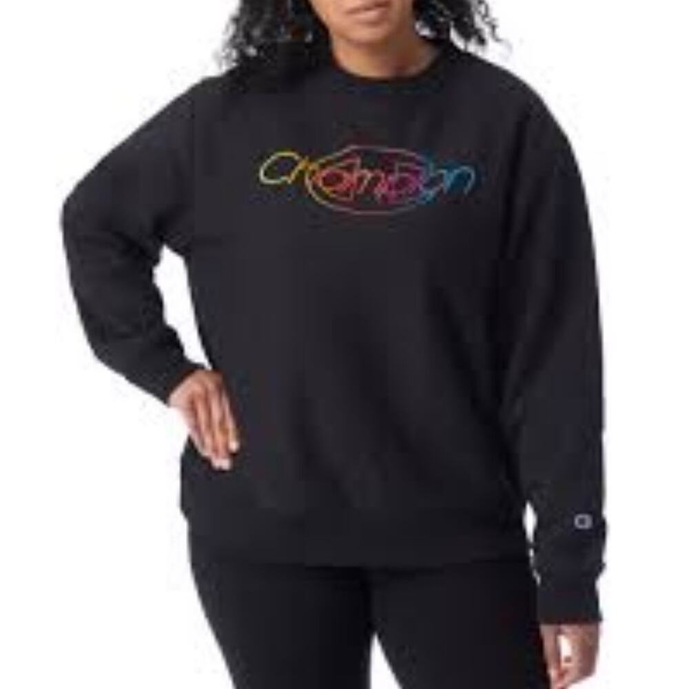 Champion Reverse Weave Rainbow Logo Pullover Oversized Sweatshirt Black 1X
